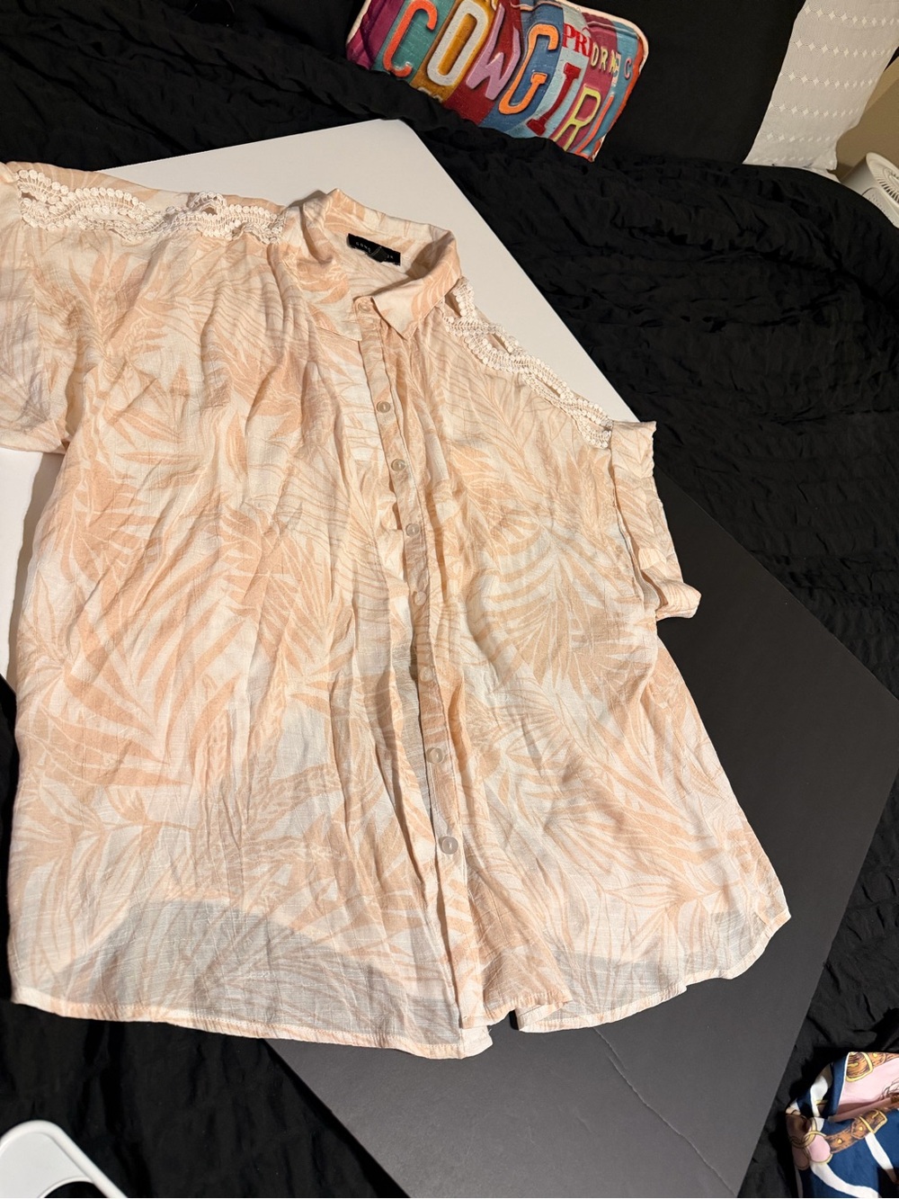 Women's Peach Printed Cold-Shoulder Button-Down Top with Lace Trim
